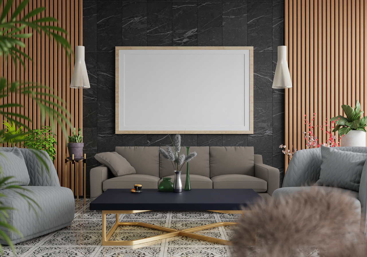 3d illustration mockup photo frame in living room