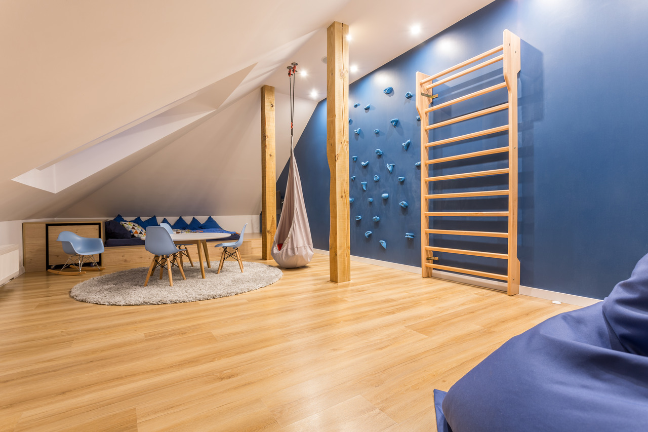 children room with climbing wall