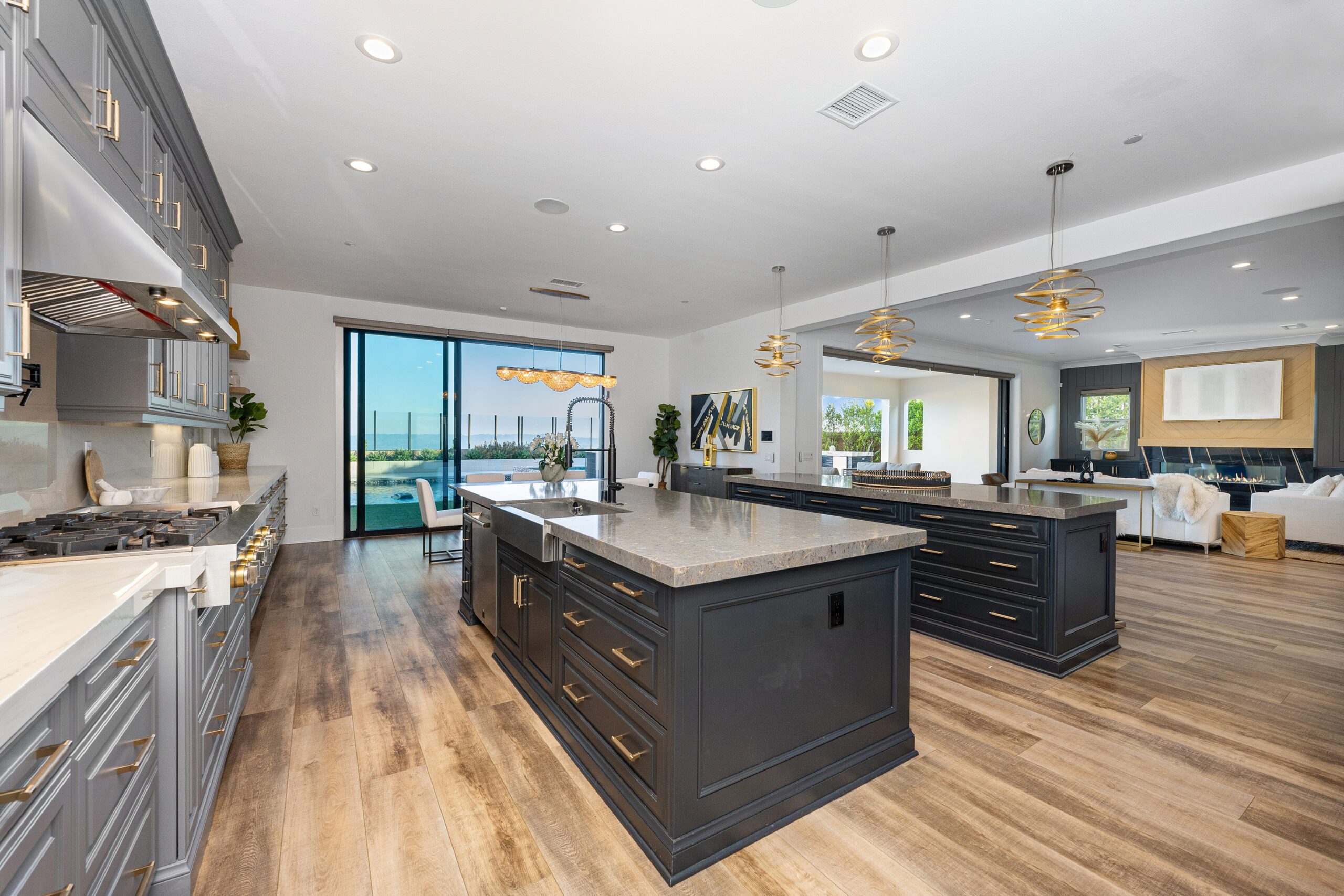 Modern open concept kitchen with dark cabinetry and island