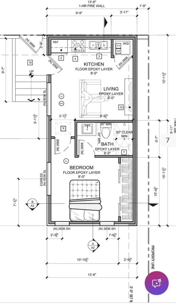 1-bedroom ADU floor plan from a garage conversion in San Diego featuring kitchen, living area, bathroom, and bedroom layout