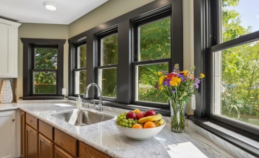 kitchen remodel with black windows