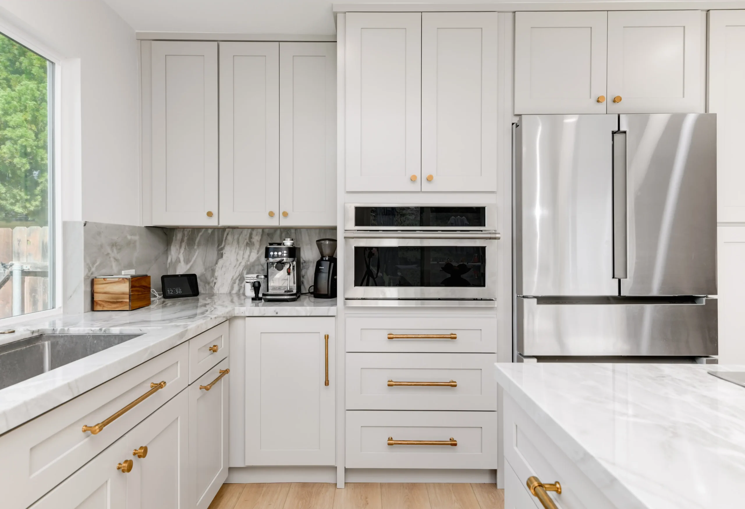 Full quartzite slab backsplash kitchen remodel Del Cerro San Diego 92120