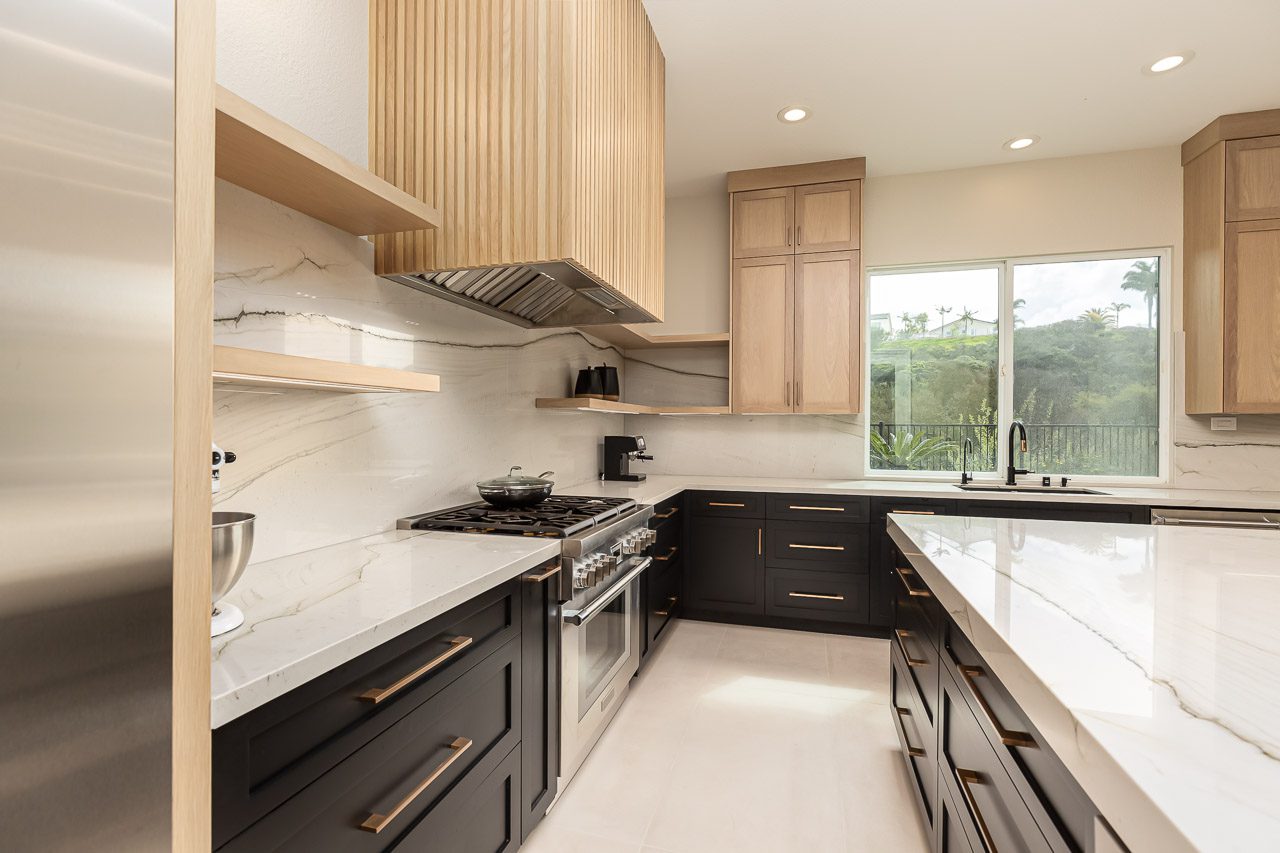 Open concept kitchen with waterfall island Organic Modern design Carmel Valley San Diego