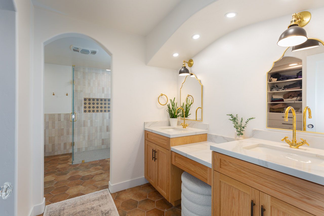 Master bath vanity overview with freestanding tub and shower visible, Mission Hills San Diego whole home remodel