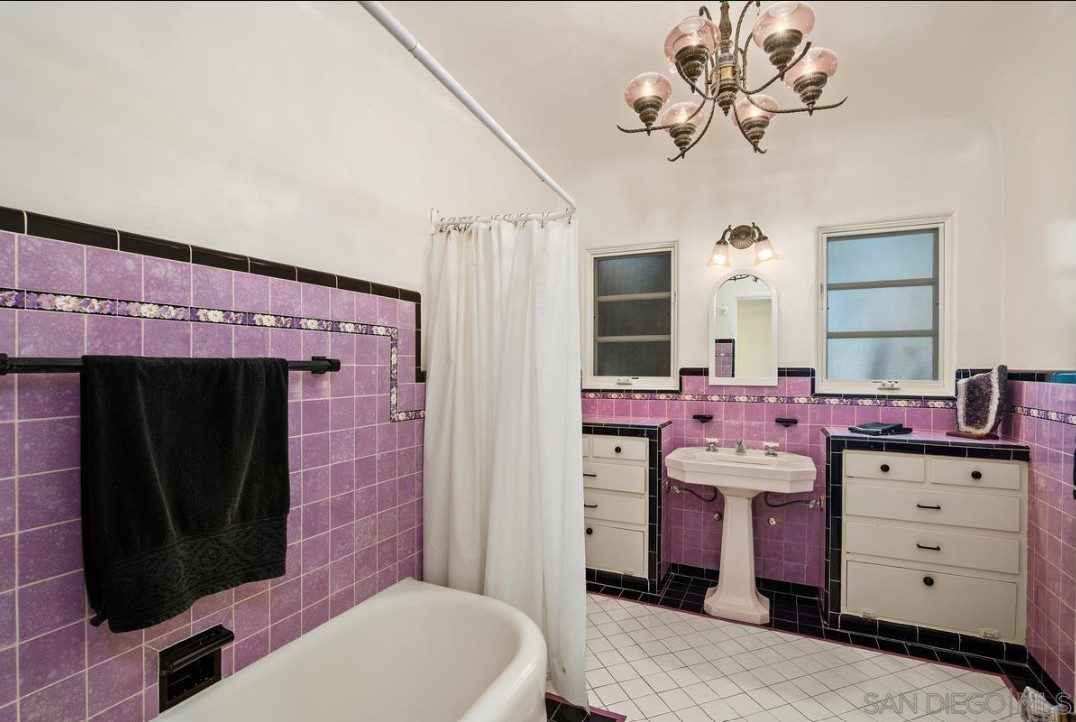 Bathroom before remodel with purple tile, Mission Hills San Diego