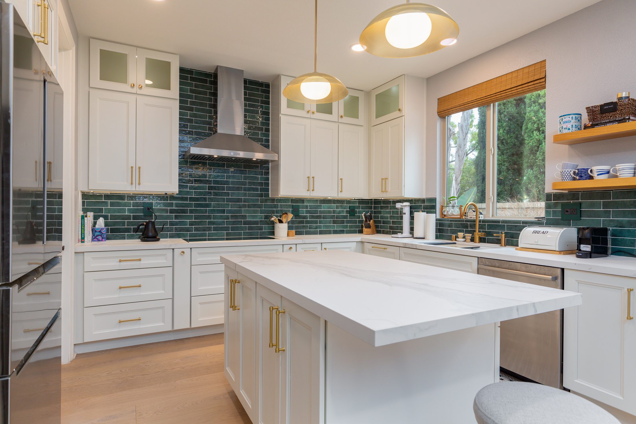 Kitchen remodel with emerald subway tile, white shaker cabinets and quartz island, Carmel Valley San Diego 92130