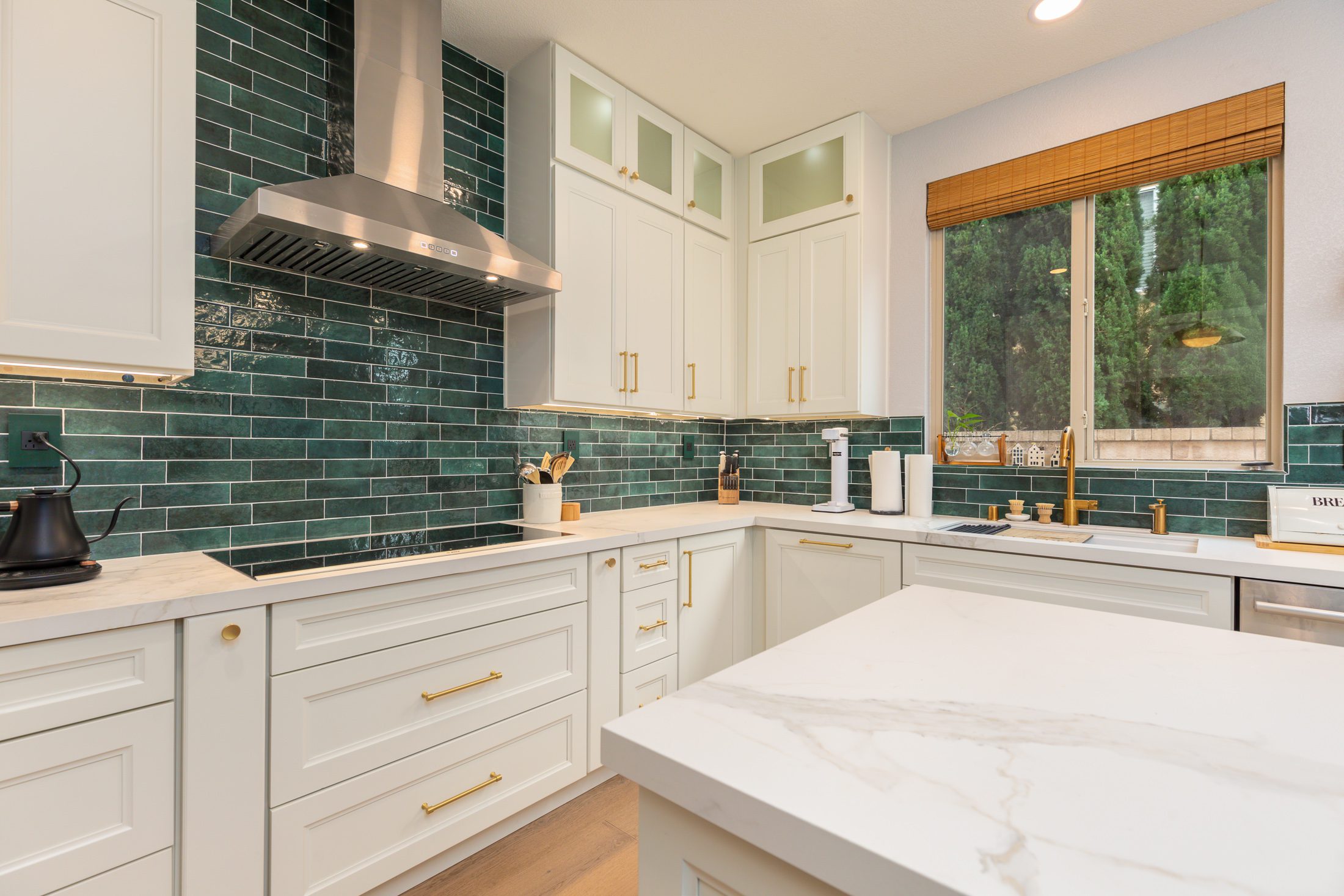 Emerald glazed tile backsplash close-up, kitchen remodel Carmel Valley San Diego