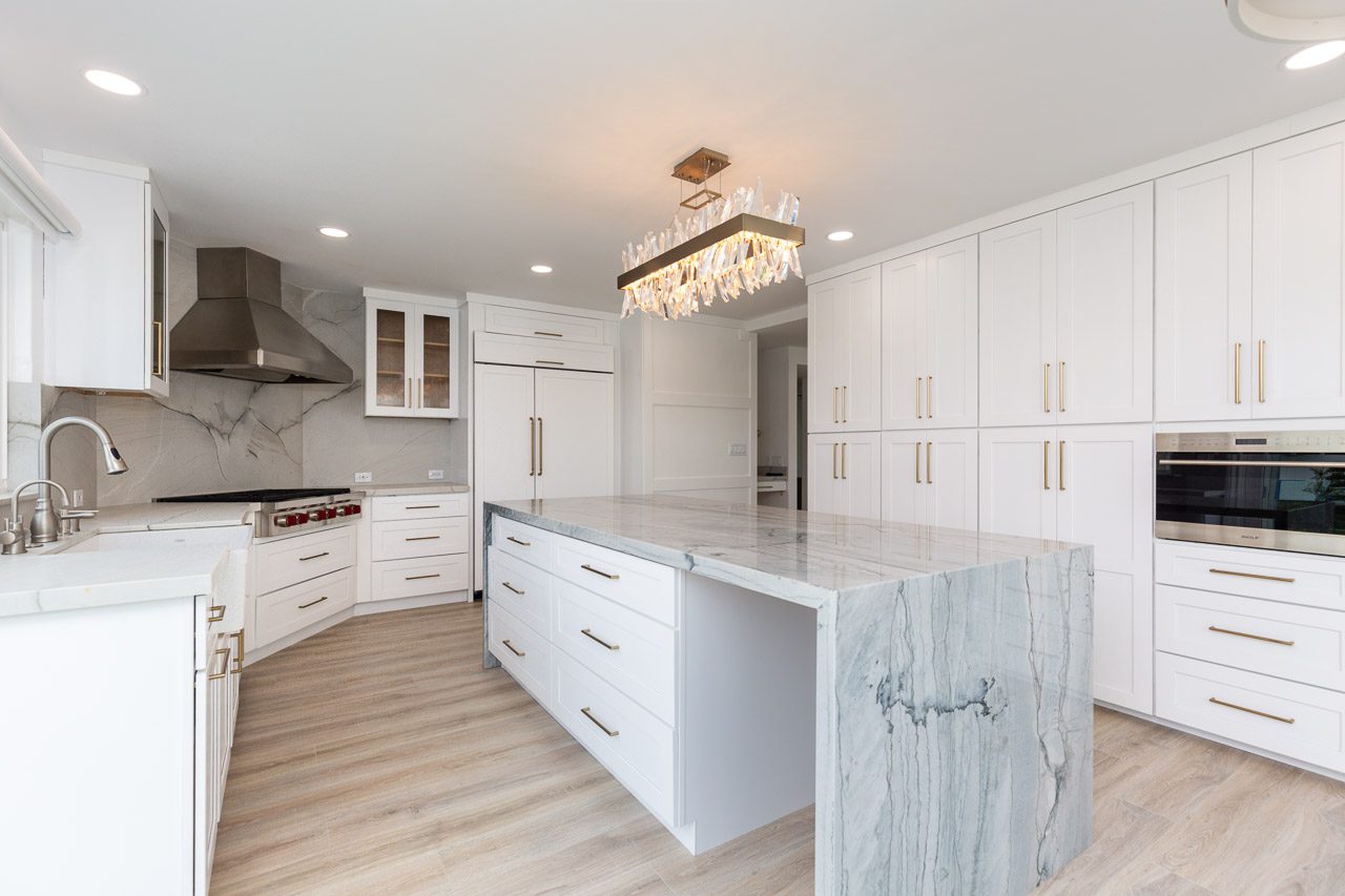 Custom kitchen cabinets quartzite backsplash luxury remodel San Diego 92118