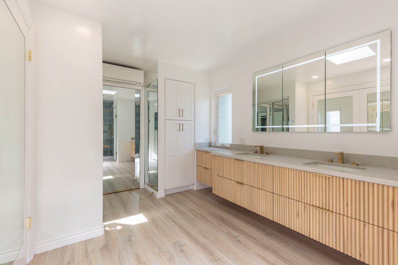 Master bathroom custom work fluted vanity double sink waterfront San Diego