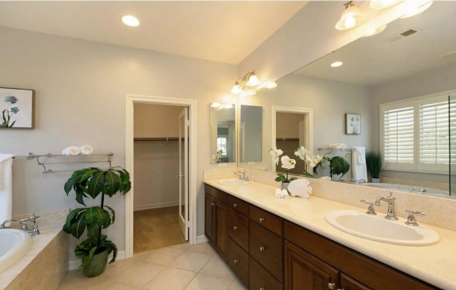 Master bath vanity before with dark brown cabinets